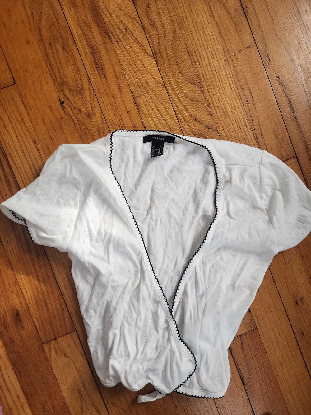 Forever 21 White Short Sleeve Wrap Top with Black Trim